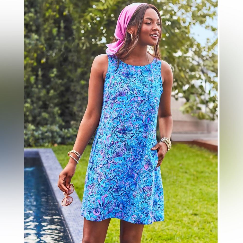 Lilly Pulitzer Edelyn Linen Swing Shift Dress Breakwater Blue Shells N Bells 10